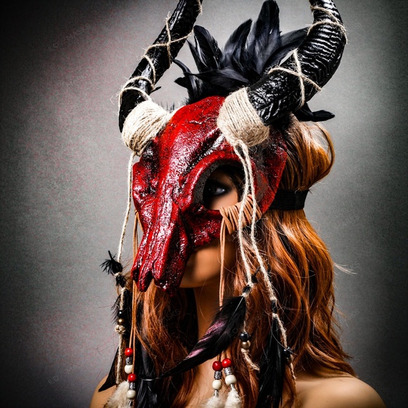 Halloween Red Skull Feather Mask Antelope Horns - Picture 8 of 8